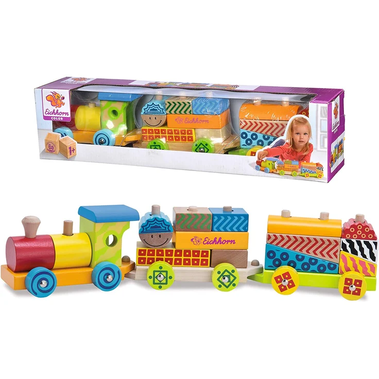 Eichhorn 100002223 - Kleiner Zug mit 15 Bausteinen, 18-tlg., 41cm lang, Birkenholz, Motorikspiel – Bild 4