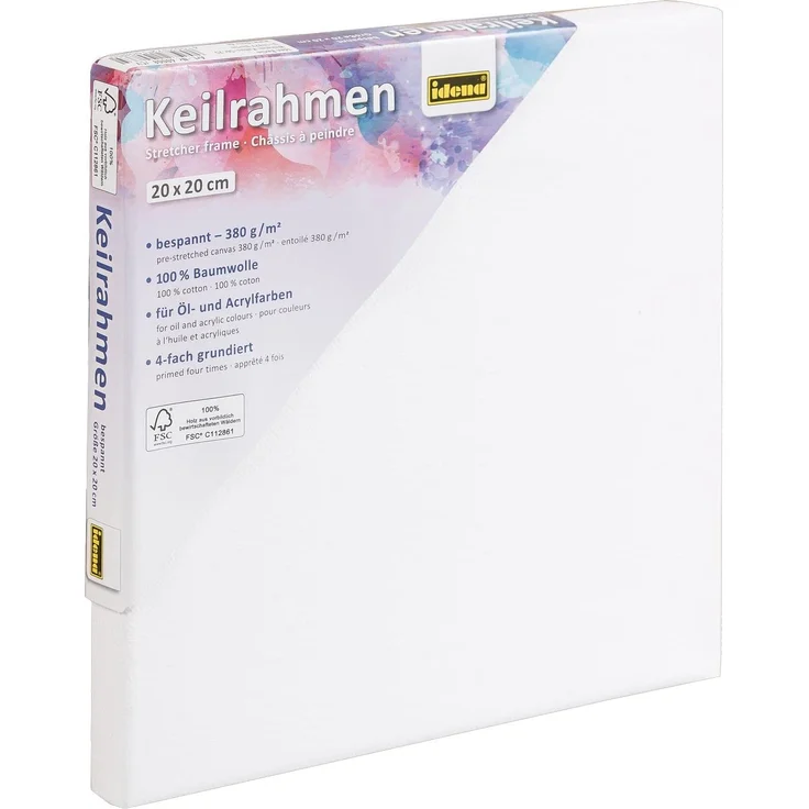 Idena 60008 - Keilrahmen mit Leinwand aus 100% Baumwolle, 380 g/m², FSC zertifiziert, für Öl- und Acrylfarben, ca. 20 x 20 cm, weiß – Bild 1