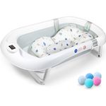 Faltbare Babybadewanne mit rutschfestem Badekissen / Badewanne XXL mit Thermometer zur Kontrolle der Wassertemperatur / 3-Stufen-Badewanne - Ab Geburt bis 2 Jahre / 5 Plastikbälle gratis - (GREY)