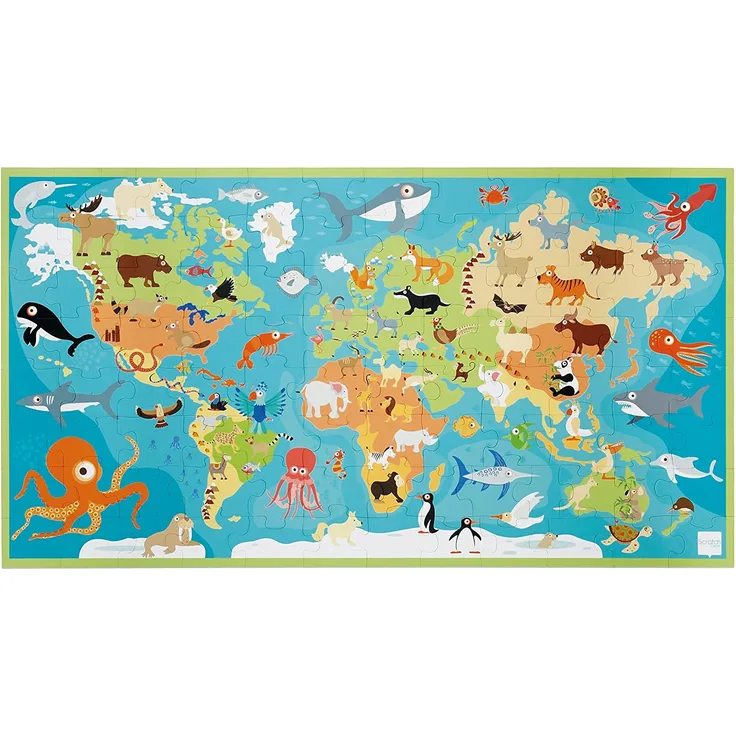 Scratch 276181117 Puzzle für Kinder, Weltkarte mit Tieren, Kinderpuzzle 100 Teile