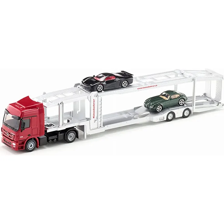 siku 3934, Autotransporter, Inkl. 2 Spielzeug-Autos, 1:50, Metall/Kunststoff, Rot/Silber, Abkoppelbarer Auflieger