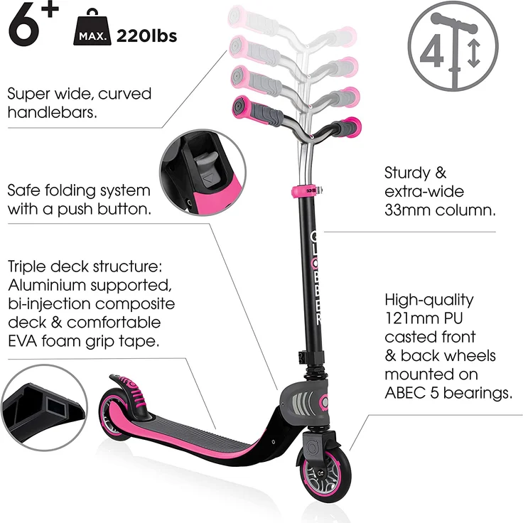 Globber Flow Foldable Tretroller, faltbar, Unisex, 473-114, schwarz/rosa, Réglable en Hauteur – Bild 2