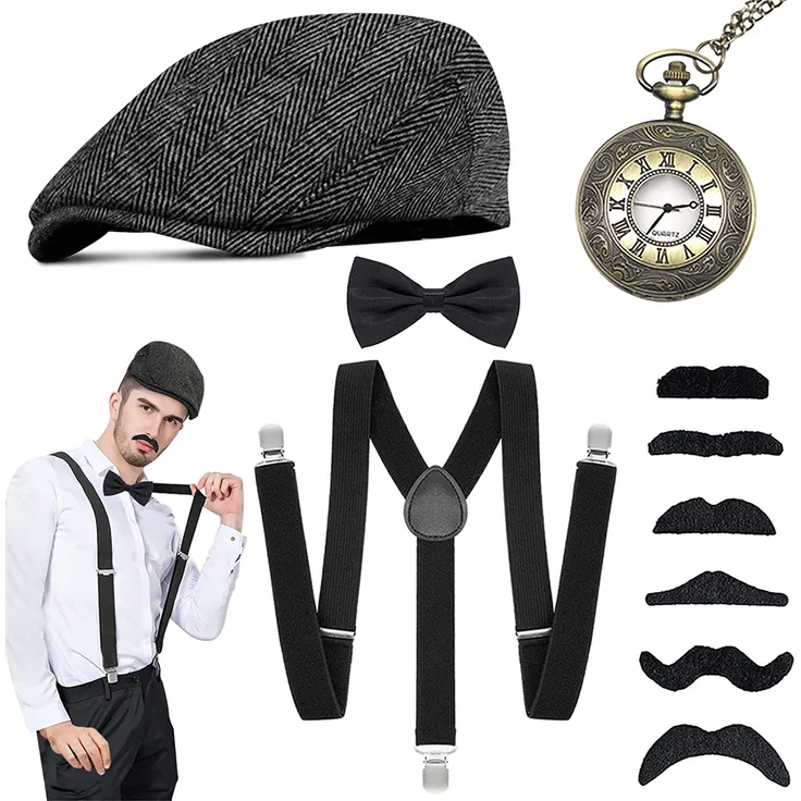 WEARXI 20er Jahre Herren Accessoires, Mafia Karneval Kostüm Herren, 20er Jahre Accessoires, Fasching Kostüme Herren Hosenträger Herren Kostüm Set Deko, Peaky Blinders Kostüm, Ideal Kostüme für Partys