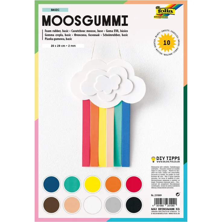 folia 231009 - Moosgummi, 2 mm, ca. 20 x 29 cm, 10 Bögen, sortiert in 10 Farben - ideal für vielseitige Bastelarbeiten