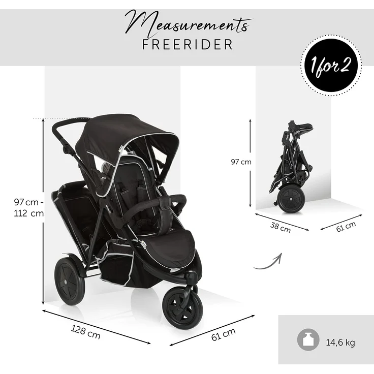 Hauck Geschwister Kinderwagen Freerider / Dreirad Buggy für 2 Kinder / Sitz Unten Abnehmbar / Höhenverstellbar / Regen Verdeck inklusive / Belastbar bis 36 kg / Schmal / Leicht Faltbar / Schwarz – Bild 3