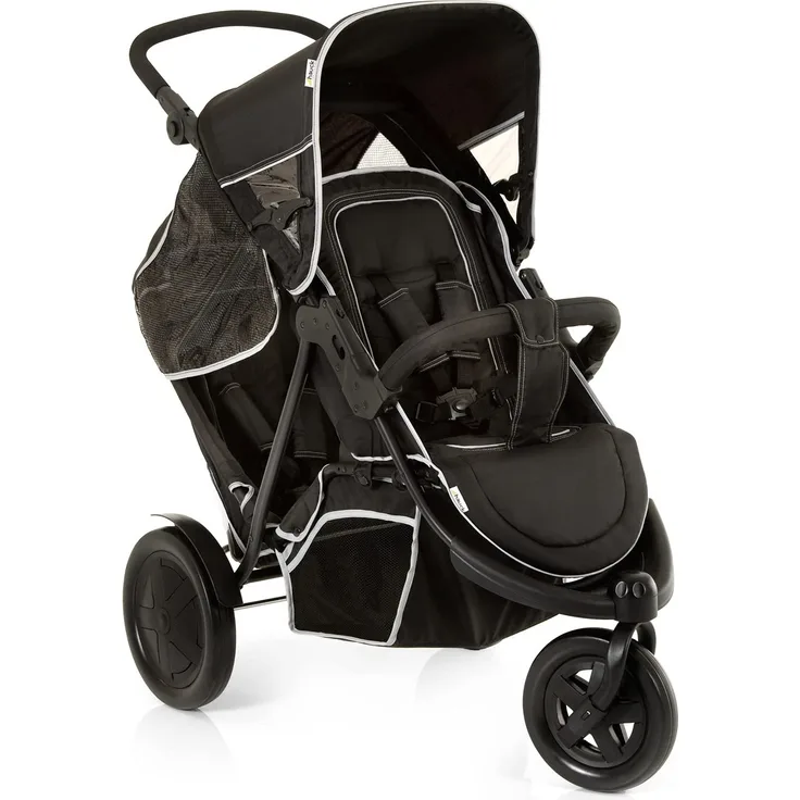 Hauck Geschwister Kinderwagen Freerider / Dreirad Buggy für 2 Kinder / Sitz Unten Abnehmbar / Höhenverstellbar / Regen Verdeck inklusive / Belastbar bis 36 kg / Schmal / Leicht Faltbar / Schwarz