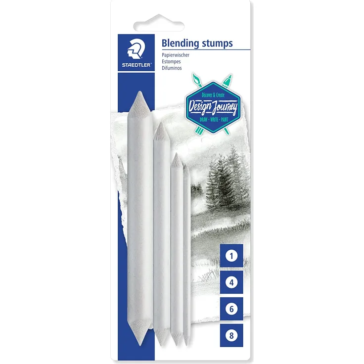 STAEDTLER Papierwischer, für alle verwischbaren Zeichenmaterialien, spitzbar mit Sandpapier, Blisterkarte mit 4 Papierwischern in verschiedenen Größen, 5426-S BK4