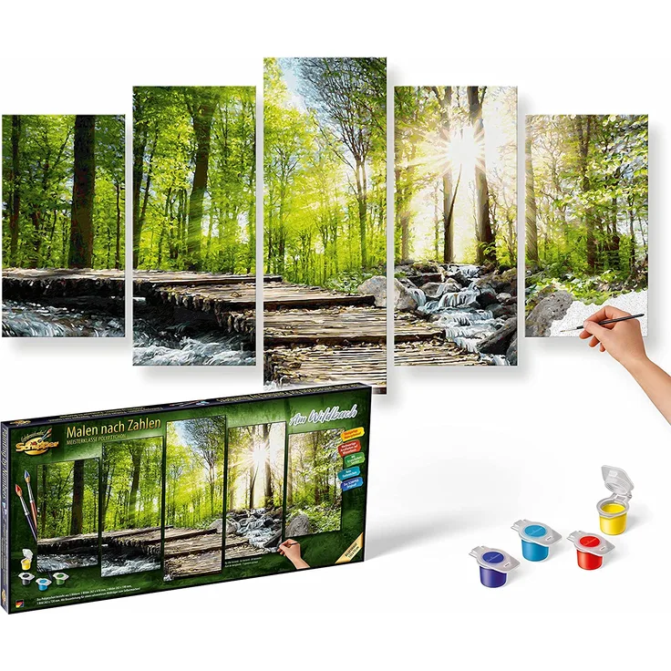 Schipper 609450774 Malen nach Zahlen, Am Wildbach - Bild malen für Erwachsene, inklusive Pinsel und Acrylfarben, 5 Bilder, Meisterklasse Polyptychon - Profi-Edition, 132 x 72 cm