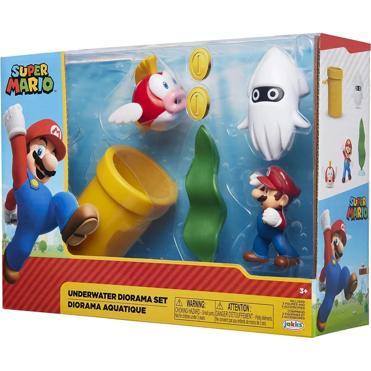 Nintendo Super Mario Unterwasser-Figur, Diorama-Spielset, 6,3 cm, beinhaltet: Mario, Cheep-Cheep, Bluter, mechanische Kettenpfeife, drehende Wasserpflanze und Zwei Münzen – Bild 11
