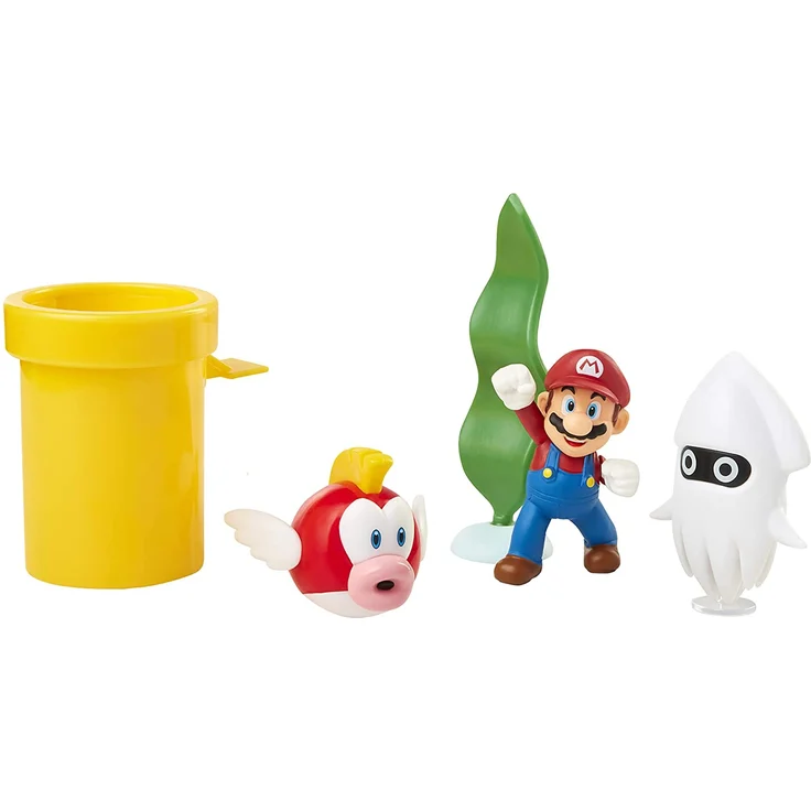 Nintendo Super Mario Unterwasser-Figur, Diorama-Spielset, 6,3 cm, beinhaltet: Mario, Cheep-Cheep, Bluter, mechanische Kettenpfeife, drehende Wasserpflanze und Zwei Münzen – Bild 2