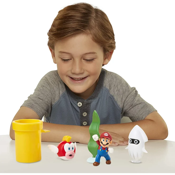 Nintendo Super Mario Unterwasser-Figur, Diorama-Spielset, 6,3 cm, beinhaltet: Mario, Cheep-Cheep, Bluter, mechanische Kettenpfeife, drehende Wasserpflanze und Zwei Münzen – Bild 5