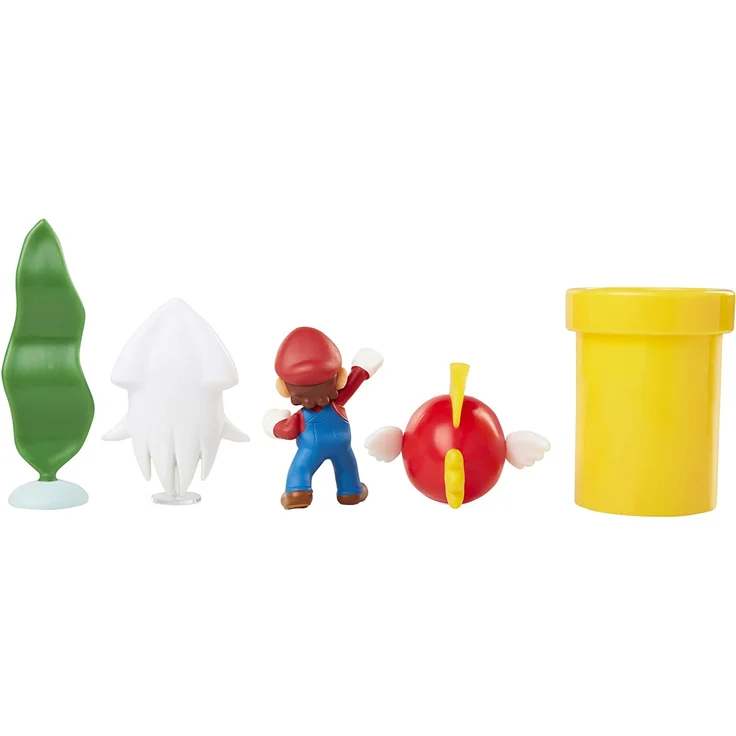 Nintendo Super Mario Unterwasser-Figur, Diorama-Spielset, 6,3 cm, beinhaltet: Mario, Cheep-Cheep, Bluter, mechanische Kettenpfeife, drehende Wasserpflanze und Zwei Münzen – Bild 4