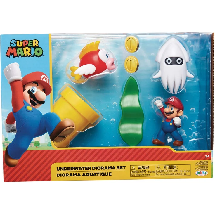 Nintendo Super Mario Unterwasser-Figur, Diorama-Spielset, 6,3 cm, beinhaltet: Mario, Cheep-Cheep, Bluter, mechanische Kettenpfeife, drehende Wasserpflanze und Zwei Münzen – Bild 1
