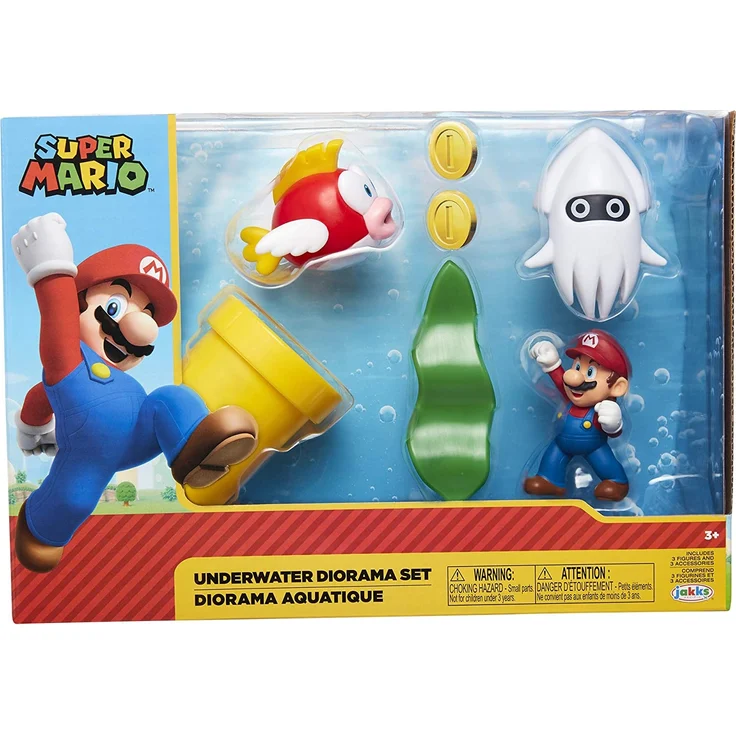Nintendo Super Mario Unterwasser-Figur, Diorama-Spielset, 6,3 cm, beinhaltet: Mario, Cheep-Cheep, Bluter, mechanische Kettenpfeife, drehende Wasserpflanze und Zwei Münzen – Bild 6