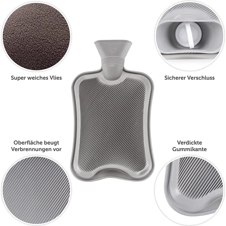 Blumtal Wärmflasche mit weichem Bezug - 1,8L Wärmeflasche, Bettflasche, Wärmflasche flauschig, grau – Bild 3