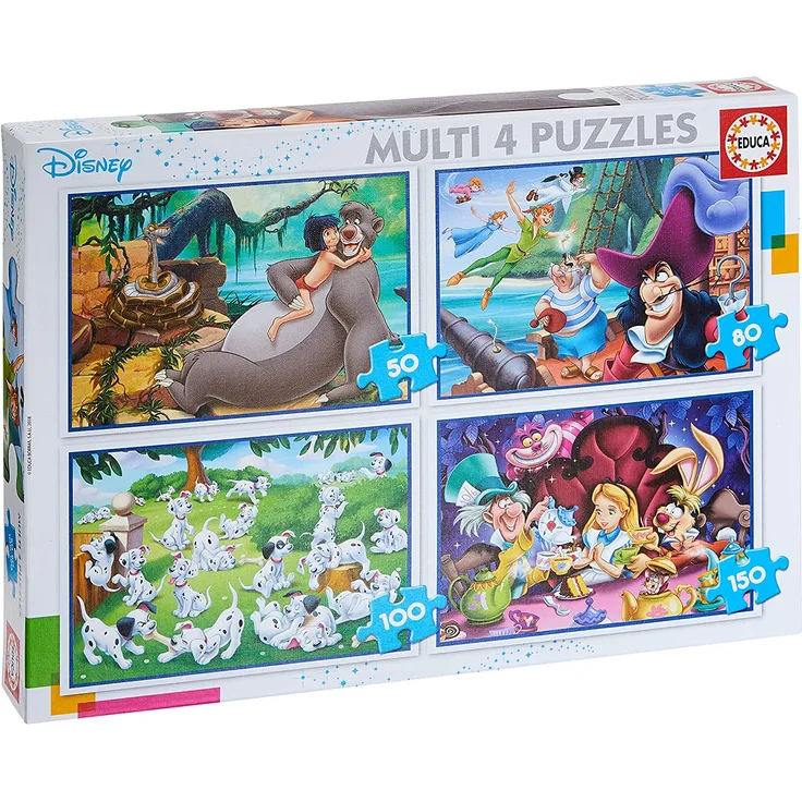 Educa Borras - Multi 4 Disney Classics of Aladdin, Jungle Book, Alicia and Peter Pan Puzzles 18105