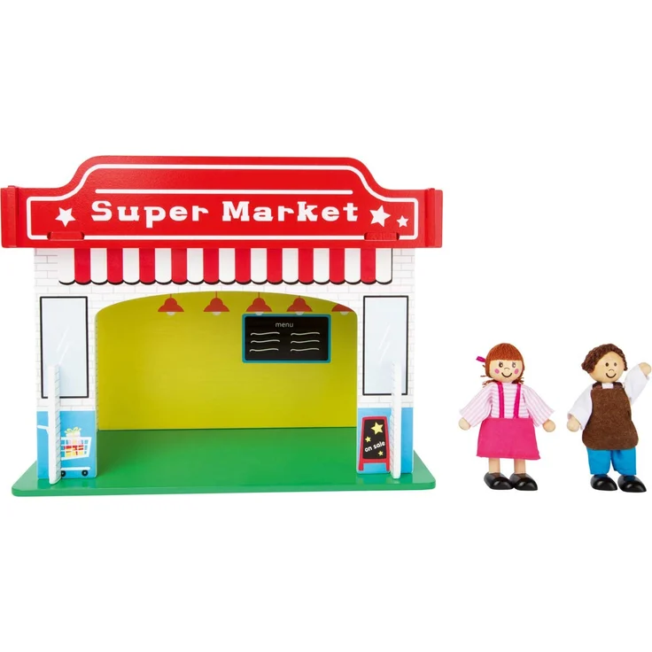 small foot 10853 Spielhaus Supermarkt aus Holz, mit 2 Puppenfiguren, Zubehör und abnehmbarem Dach, ab 3 Jahren – Bild 3