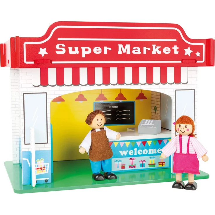 small foot 10853 Spielhaus Supermarkt aus Holz, mit 2 Puppenfiguren, Zubehör und abnehmbarem Dach, ab 3 Jahren – Bild 5