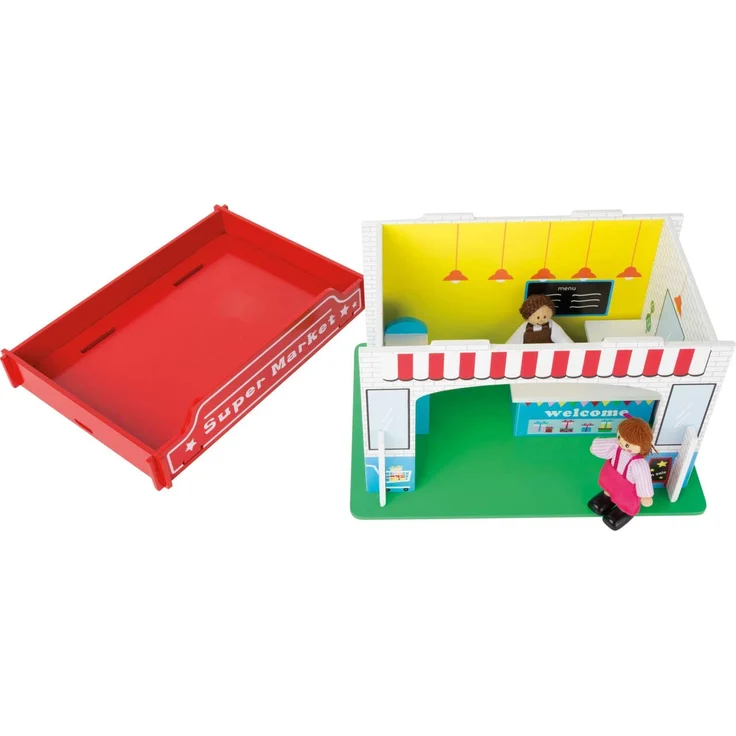 small foot 10853 Spielhaus Supermarkt aus Holz, mit 2 Puppenfiguren, Zubehör und abnehmbarem Dach, ab 3 Jahren – Bild 2