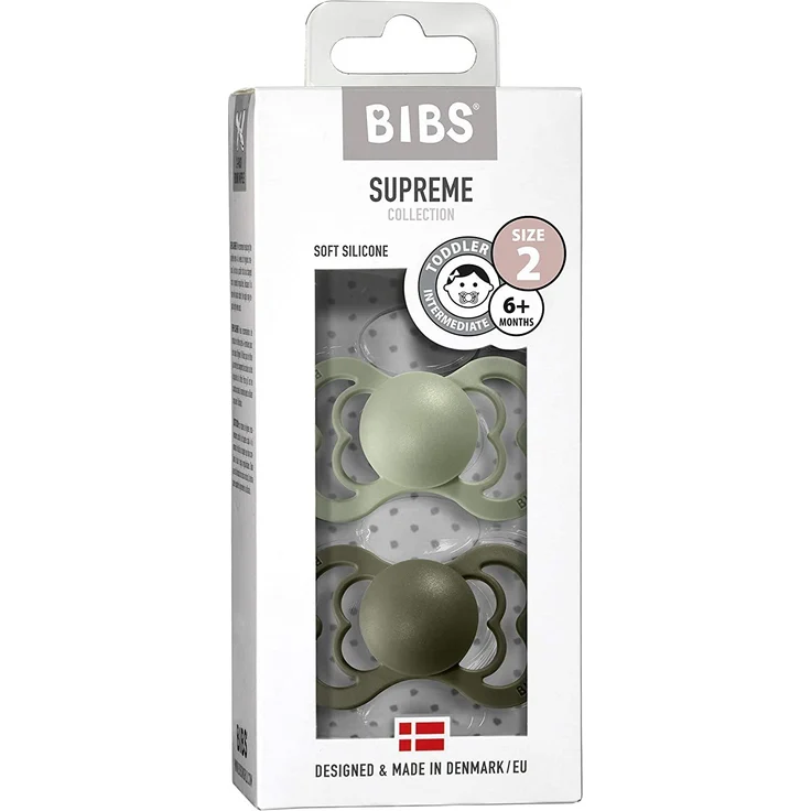 BIBS Supreme Schnuller 2er-Pack, BPA-frei, Symmetrischer Nippel. Silikon, Hergestellt in Dänemark. 6-18 Monate (2er Pack), Sage / Hunter Green – Bild 3