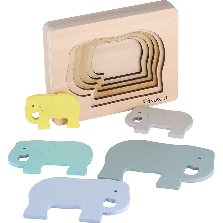 Kindsgut Tier-Puzzle, Lagen-Puzzle, Motorik-Spielzeug aus Holz, praktische Größe für zuhause und unterwegs, Elefant