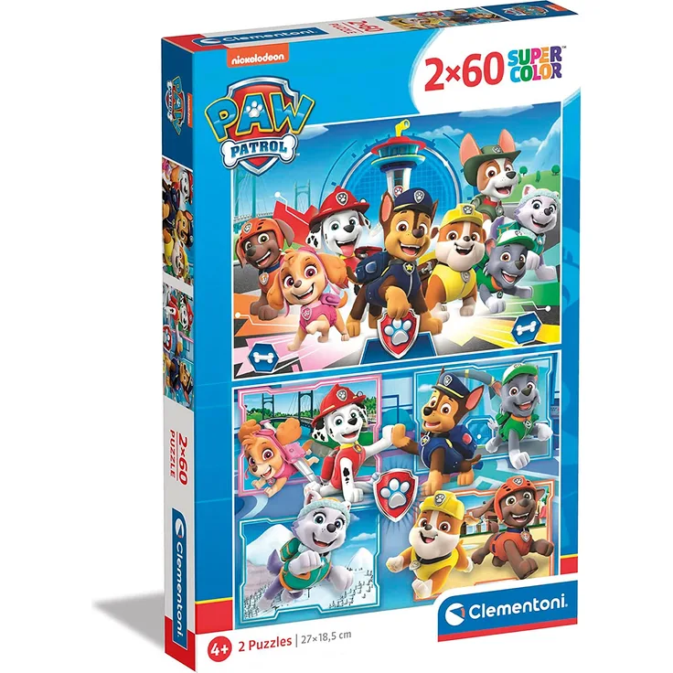 Clementoni 21617 Supercolor Paw Patrol – Puzzle 2 x 60 Teile ab 5 Jahren, buntes Kinderpuzzle mit besonderer Leuchtkraft & Farbintensität, Geschicklichkeitsspiel für Kinder