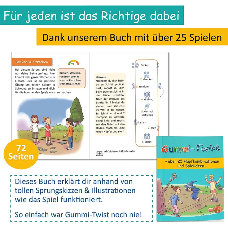 GLÜCKSWOLKE Gummitwist + Anleitung (Buch) mit 25 Spiele I Hüpfgummi für Kinder Sport I Hüpfspiele - Gummi Twist I Outdoor Gartenspiele I Spielzeug für draußen I Geschenke für Junge & Mädchen – NEU - Preisvergleich – Bild 6