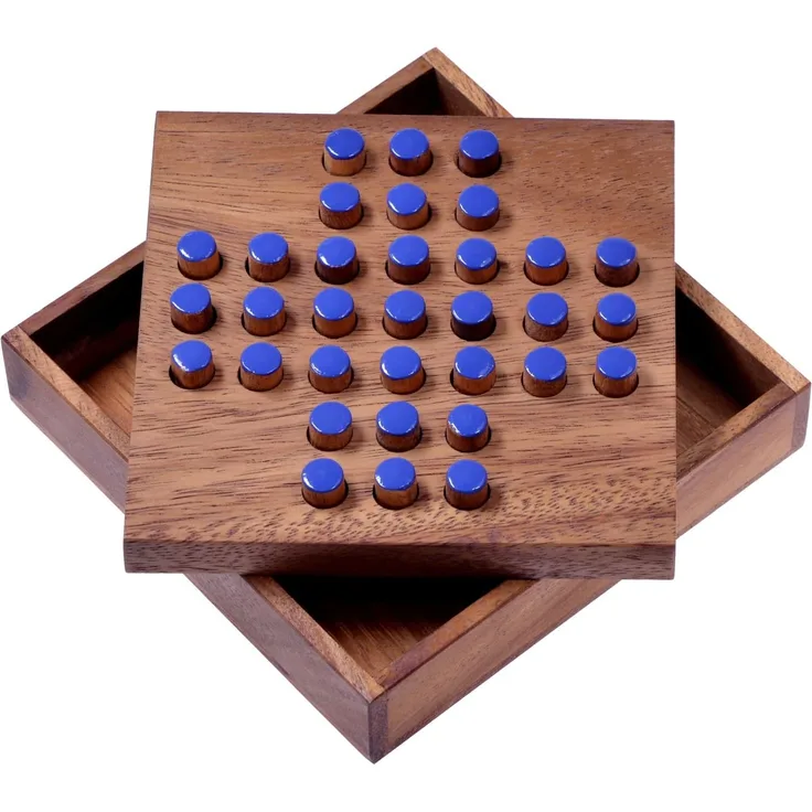 Solitär Gr. L - blaue Stecker - Spielfeld 13 x 13 cm - Solitaire - Knobelspiel