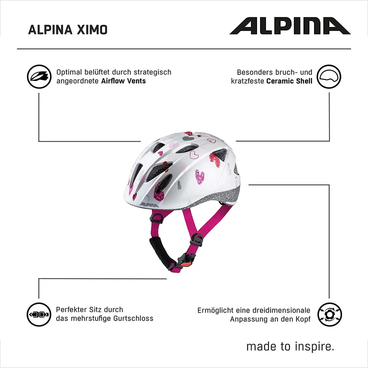 Alpina Ximo Kinder Fahrradhelm, white hearts 49-54 cm – Bild 6