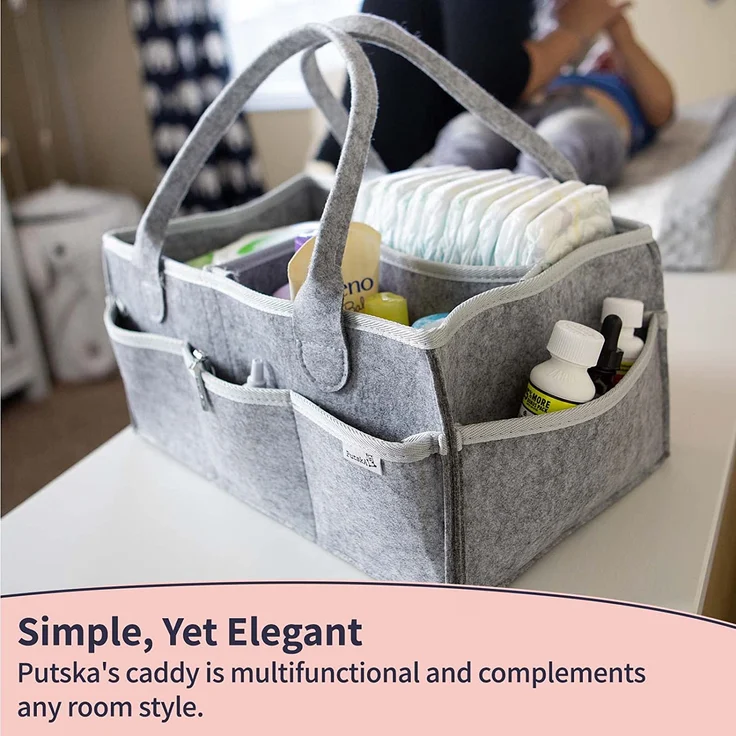 PUTSKA Windelorganizer Baby Windelcaddy Filztasche tragbar mit verstellbaren Fächern | Ultra Mobile faltbare Wickeltasche Kinderwagen | Wickeltisch Organizer Wickelkommode Grau 100% Bio Baumwolle – Bild 8