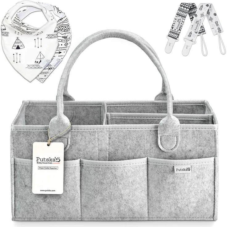 PUTSKA Windelorganizer Baby Windelcaddy Filztasche tragbar mit verstellbaren Fächern | Ultra Mobile faltbare Wickeltasche Kinderwagen | Wickeltisch Organizer Wickelkommode Grau 100% Bio Baumwolle – Bild 1