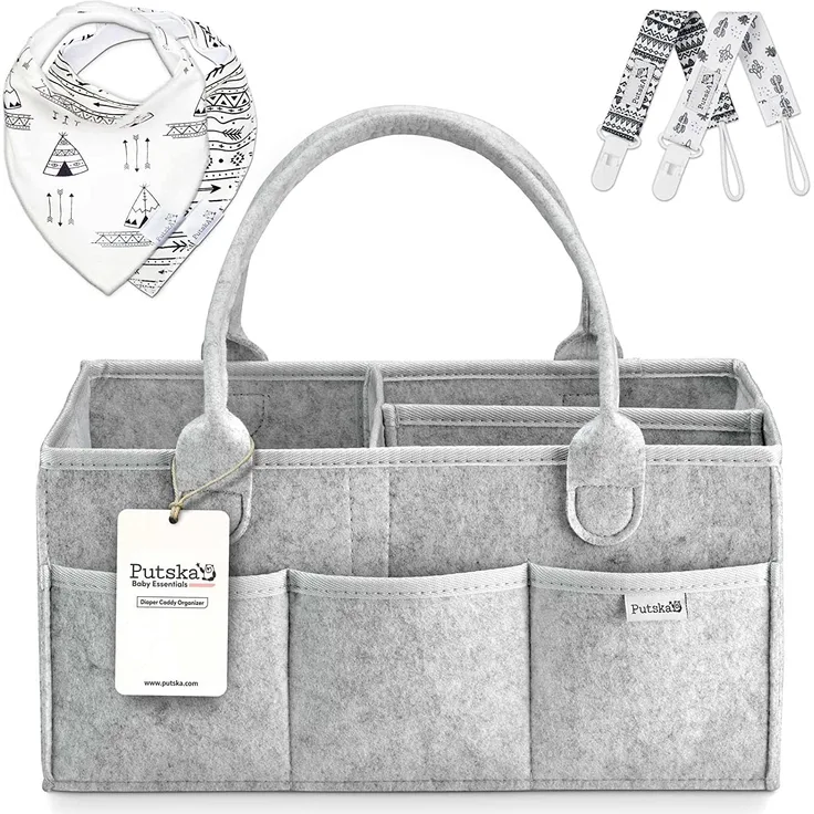 PUTSKA Windelorganizer Baby Windelcaddy Filztasche tragbar mit verstellbaren Fächern | Ultra Mobile faltbare Wickeltasche Kinderwagen | Wickeltisch Organizer Wickelkommode Grau 100% Bio Baumwolle