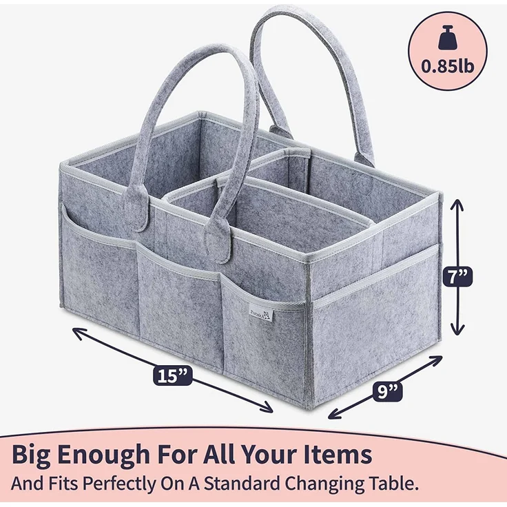 PUTSKA Windelorganizer Baby Windelcaddy Filztasche tragbar mit verstellbaren Fächern | Ultra Mobile faltbare Wickeltasche Kinderwagen | Wickeltisch Organizer Wickelkommode Grau 100% Bio Baumwolle – Bild 4