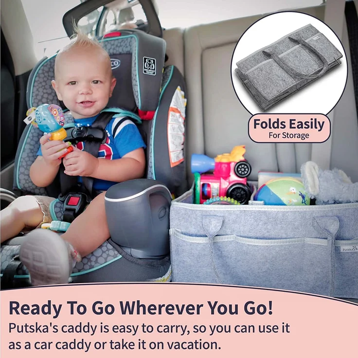 PUTSKA Windelorganizer Baby Windelcaddy Filztasche tragbar mit verstellbaren Fächern | Ultra Mobile faltbare Wickeltasche Kinderwagen | Wickeltisch Organizer Wickelkommode Grau 100% Bio Baumwolle – Bild 7