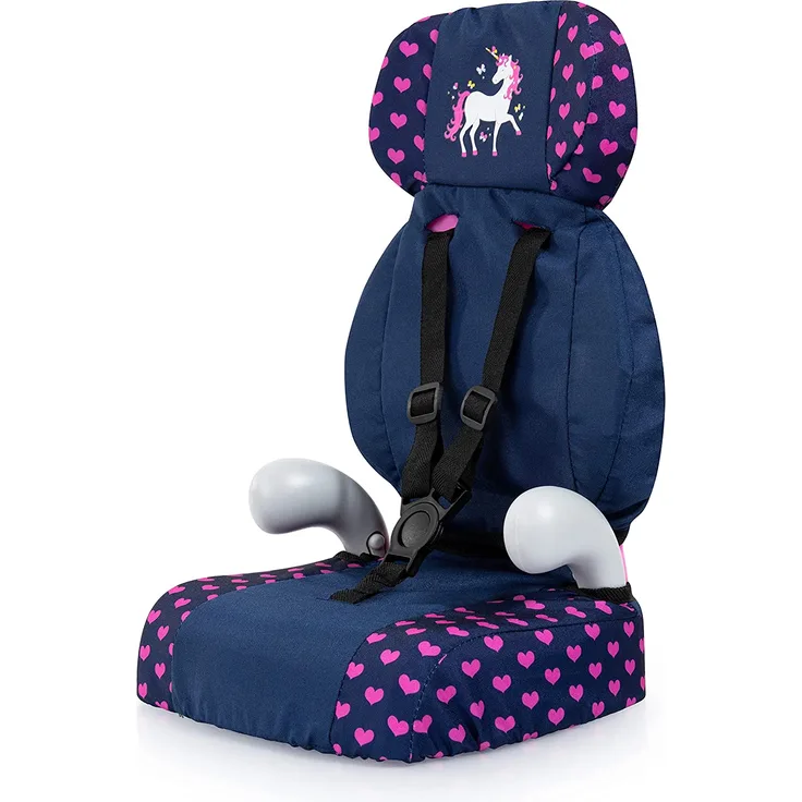 Bayer Design 67554AA Deluxe Puppen-Autositz, Puppensitz, Puppenzubehör, mit Gurt, blau mit Einhorn und Herzen