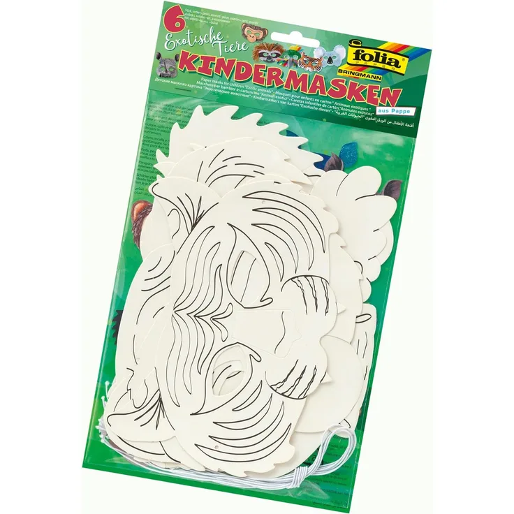 folia 23269 - Kindermasken Exotische Tiere, aus Pappe, Motive sortiert, zum selbst Bemalen und Gestalten, 6 Stück, weiß, für Kinder, Jungen und Mädchen, ideal für Kindergeburtstage und Partys