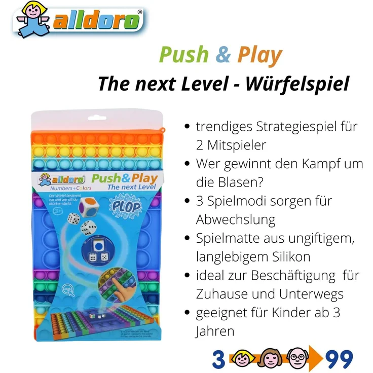 alldoro 67151 Push & Play Würfelspiel mit Zahlen und Farben, Pop it Brettspiel, Blasen Spiel, Bubble Push Toy, Fingerspielzeug für Stressabbau, für Kinder & Erwachsene, ca. 32,5 x 19 cm, Regenbogen – Bild 3