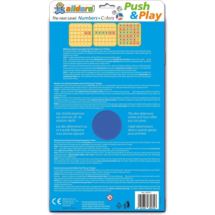 alldoro 67151 Push & Play Würfelspiel mit Zahlen und Farben, Pop it Brettspiel, Blasen Spiel, Bubble Push Toy, Fingerspielzeug für Stressabbau, für Kinder & Erwachsene, ca. 32,5 x 19 cm, Regenbogen – Bild 7
