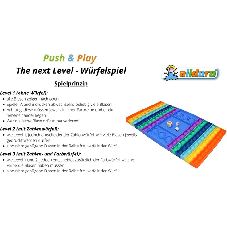 alldoro 67151 Push & Play Würfelspiel mit Zahlen und Farben, Pop it Brettspiel, Blasen Spiel, Bubble Push Toy, Fingerspielzeug für Stressabbau, für Kinder & Erwachsene, ca. 32,5 x 19 cm, Regenbogen – Bild 5