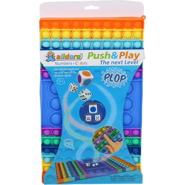 alldoro 67151 Push & Play Würfelspiel mit Zahlen und Farben, Pop it Brettspiel, Blasen Spiel, Bubble Push Toy, Fingerspielzeug für Stressabbau, für Kinder & Erwachsene, ca. 32,5 x 19 cm, Regenbogen