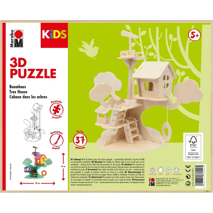 Marabu 317000000011 - KiDS 3D Holzpuzzle Baumhaus, mit 37 Puzzleteilen aus FSC-zertifiziertem Holz, ca. 28 x 26 cm groß, einfache Stecktechnik, zum individuellen Bemalen und Gestalten