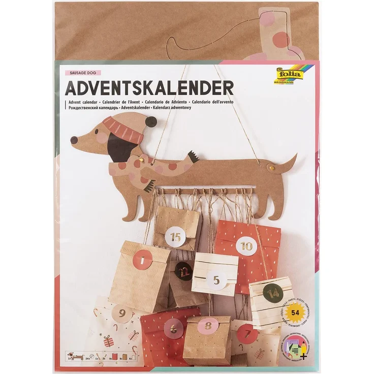 folia 9382 - Adventskalender-Set "Sausage Dog", 54-teiliges DIY Bastel-Set zur Gestaltung eines individuellen Adventskalenders für Hunde-Liebhaber – Bild 1