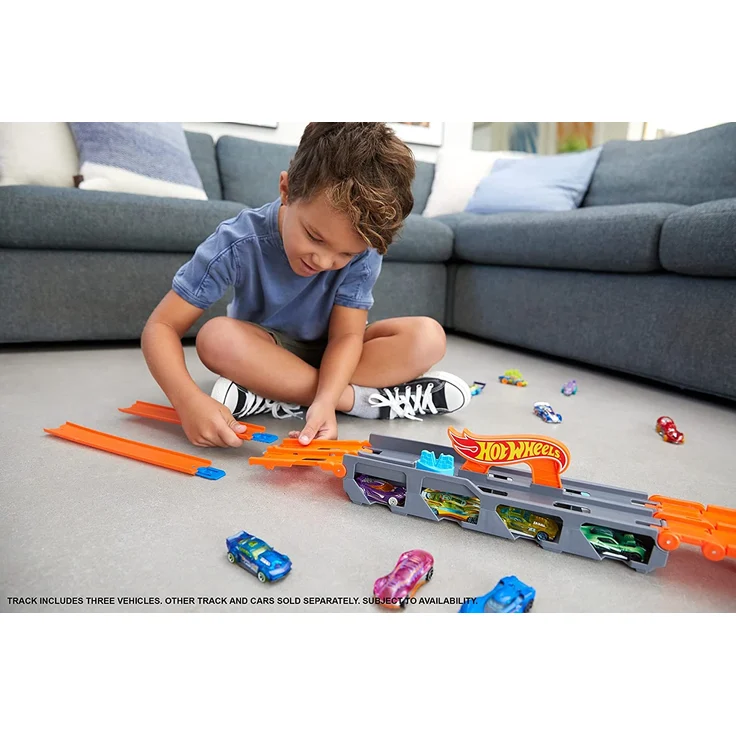 Hot Wheels HGH33 - 2-in-1 Rennbahn-Transporter zur Aufbewahrung mit 3 Fahrzeugen, fasst 20+ Fahrzeuge,Spielzeug von 4 bis 8 Jahren – Bild 2