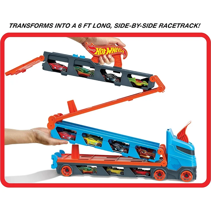 Hot Wheels HGH33 - 2-in-1 Rennbahn-Transporter zur Aufbewahrung mit 3 Fahrzeugen, fasst 20+ Fahrzeuge,Spielzeug von 4 bis 8 Jahren – Bild 4