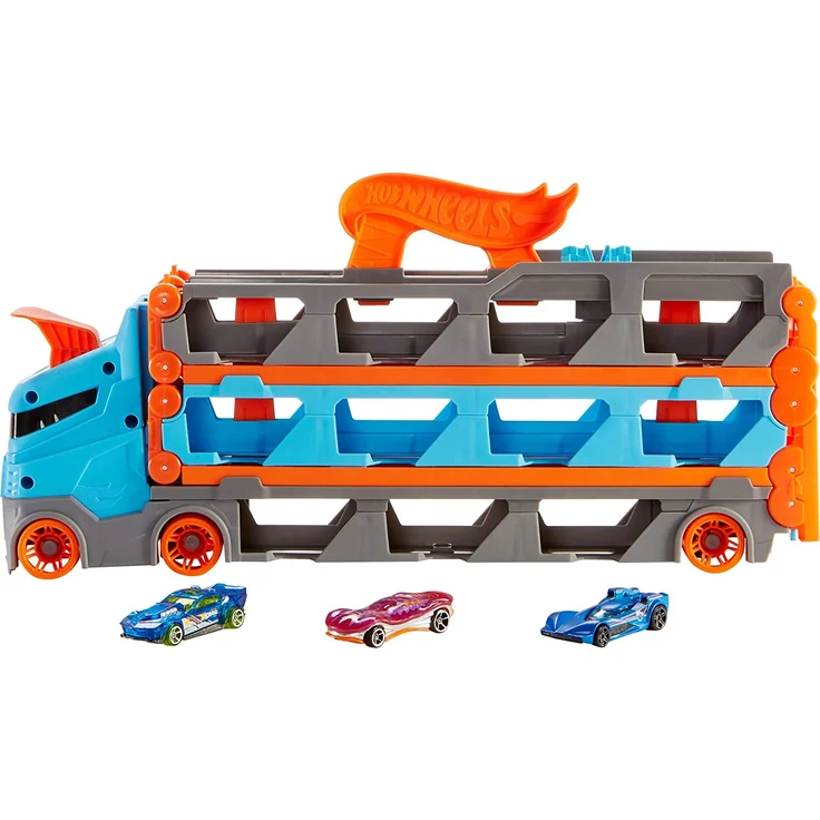 Hot Wheels HGH33 - 2-in-1 Rennbahn-Transporter zur Aufbewahrung mit 3 Fahrzeugen, fasst 20+ Fahrzeuge,Spielzeug von 4 bis 8 Jahren – Bild 1