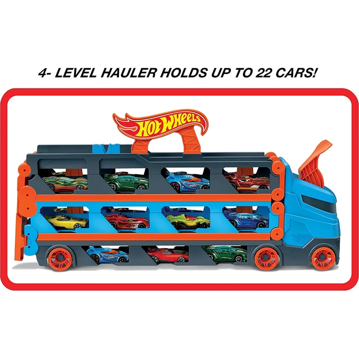 Hot Wheels HGH33 - 2-in-1 Rennbahn-Transporter zur Aufbewahrung mit 3 Fahrzeugen, fasst 20+ Fahrzeuge,Spielzeug von 4 bis 8 Jahren – Bild 3