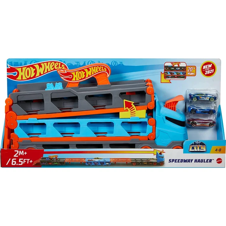 Hot Wheels HGH33 - 2-in-1 Rennbahn-Transporter zur Aufbewahrung mit 3 Fahrzeugen, fasst 20+ Fahrzeuge,Spielzeug von 4 bis 8 Jahren – Bild 7