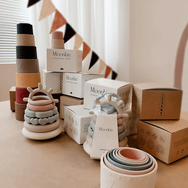 Moonkie Stacks of Circles Weiches Beißspielzeug Pädagogisches Lernen Stapelring Spielzeug für Babys, 7-teiliges Set – Bild 6
