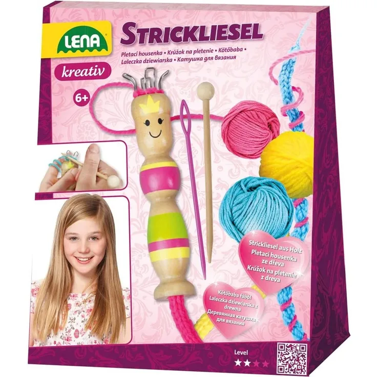 Lena 42375 Bastelset Strickliesel, Komplettset mit Liesel und Strickhaken aus Holz, Stricknadel und Garn in 3 Farben je 15 m, Strickset für Kinder ab 6 Jahre, Starter Set zum Stricken Lernen