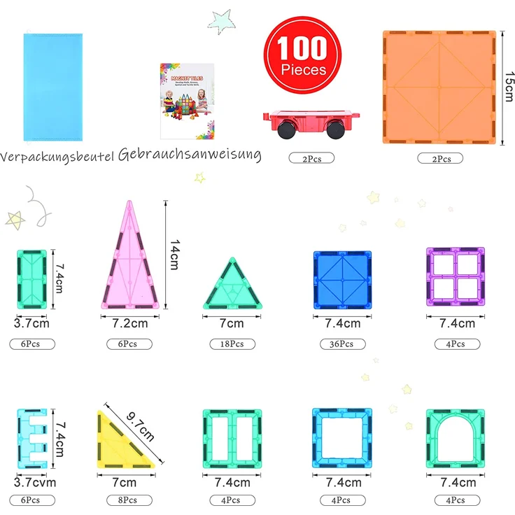 Magnetische Bausteine 100Pcs für Kinder ab 3+ Jahre Starke Magnet Montessori Spielzeug Kinder Das ideale STEM-Lernspielzeug-Geschenk zur Förderung der Kreativität für Jungen Mädchen (100 pcs) - Preisvergleich – Bild 3